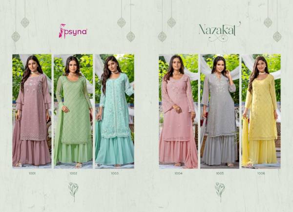 Psyna Nazakat Beautiful Fancy Georgette Festive Wear Kurti Sharara With Dupatta Collection